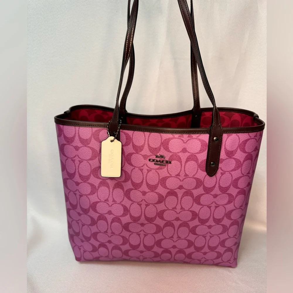 SOLD Coach Reversible City Tote In Blocked Signature Canvas Purple & Red VGU